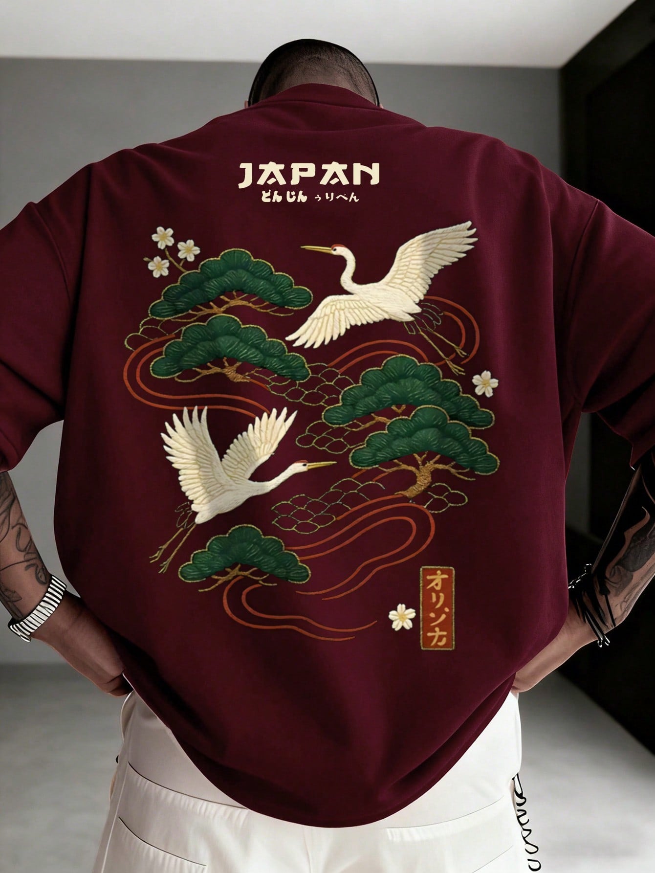 Men's Casual Versatile Simple Japanese Crane Print Short Sleeve T-Shirt