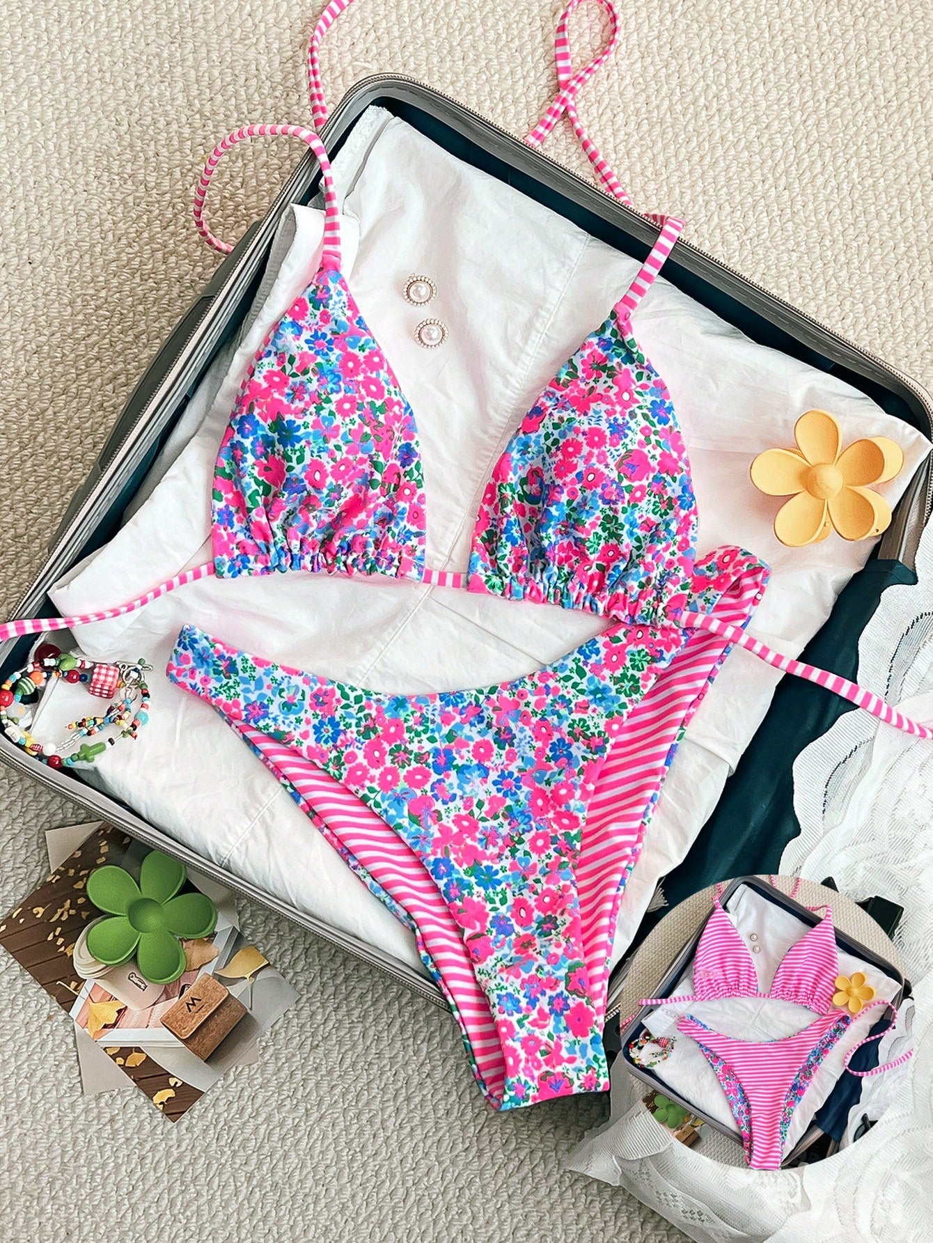 Swim Mod 2pcs/Set Women Cute Random Floral Print Reversible Halter Top And Adorable Bottoms Bikini Swimsuit Set, Holiday & Beach For Summer Beach Vacation