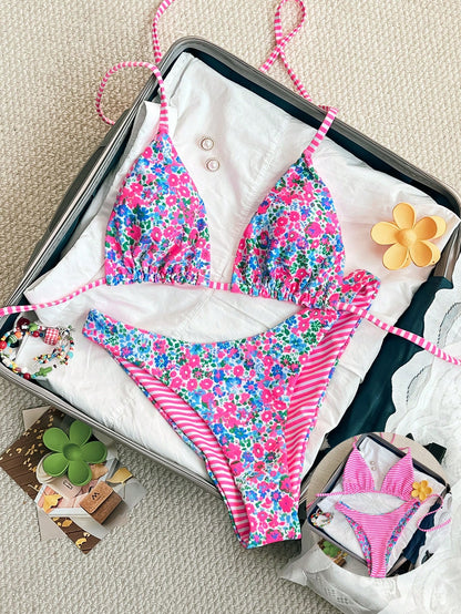 Swim Mod 2pcs/Set Women Cute Random Floral Print Reversible Halter Top And Adorable Bottoms Bikini Swimsuit Set, Holiday & Beach For Summer Beach Vacation
