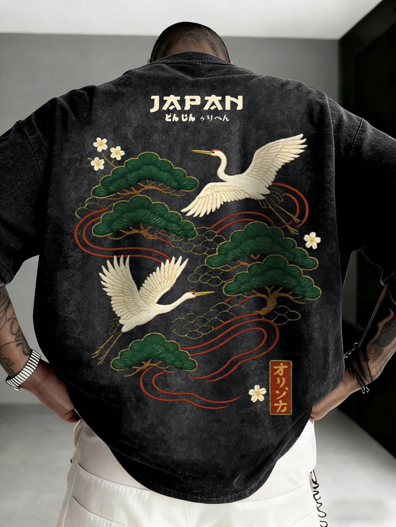 Men's Casual Versatile Simple Japanese Crane Print Short Sleeve T-Shirt