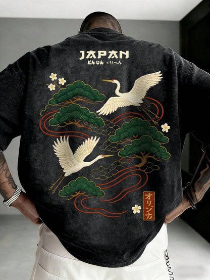 Men's Casual Versatile Simple Japanese Crane Print Short Sleeve T-Shirt