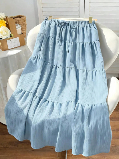 SHEIN EZwear Women Solid Color High Waist Tie Ruffled Hem Maxi Skirt