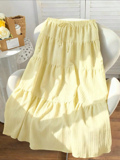 EZwear Women Solid Color High Waist Tie Ruffled Hem Maxi Skirt
