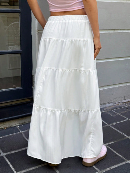EZwear Women Solid Color High Waist Tie Ruffled Hem Maxi Skirt
