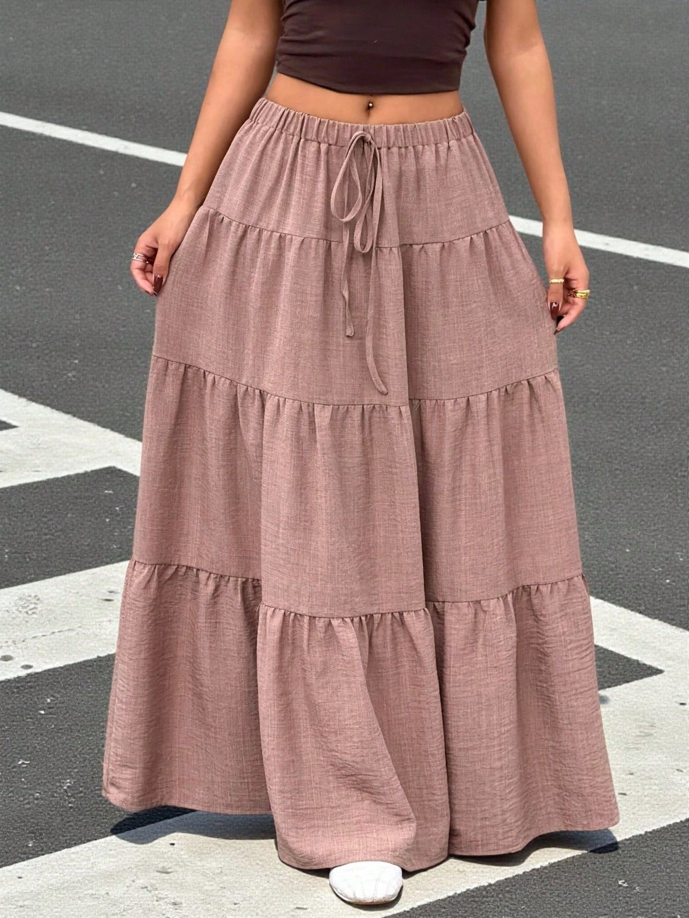 SHEIN EZwear Women Solid Color High Waist Tie Ruffled Hem Maxi Skirt