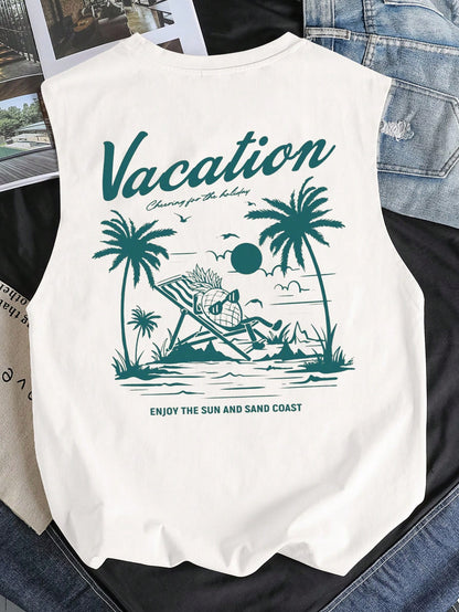 Manfinity Joysei Standard Size Men's Original Palm Tree & Pineapple Print Tank Top, Khaki Color, Summer Vibe, Suitable As Friend's Gift