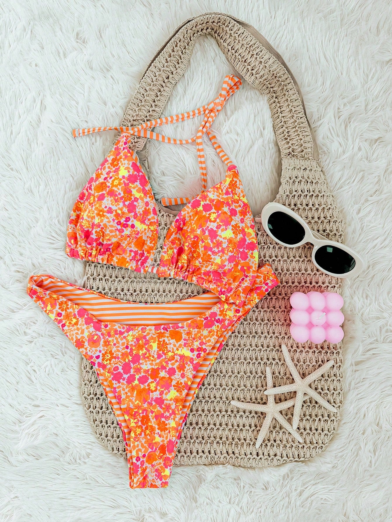 Swim Mod 2pcs/Set Women Cute Random Floral Print Reversible Halter Top And Adorable Bottoms Bikini Swimsuit Set, Holiday & Beach For Summer Beach Vacation