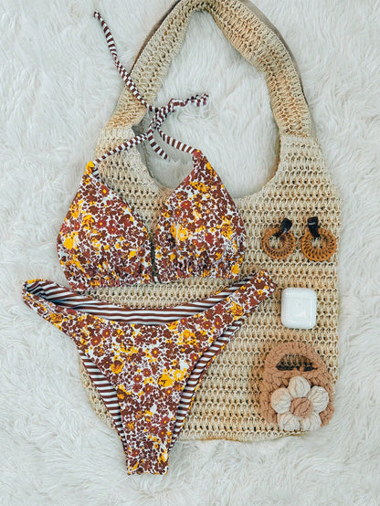 Swim Mod 2pcs/Set Women Cute Random Floral Print Reversible Halter Top And Adorable Bottoms Bikini Swimsuit Set, Holiday & Beach For Summer Beach Vacation