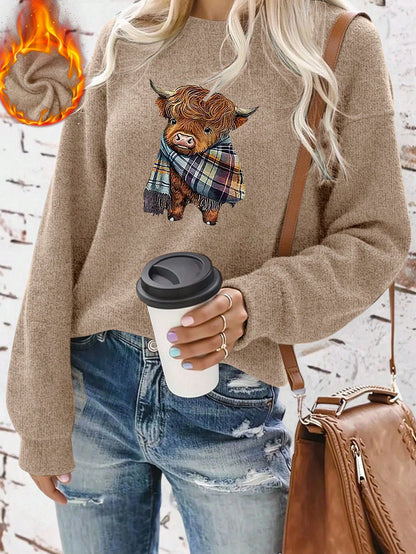 Women's Casual Warm Faux Wool Cow Print Sweatshirt, Warm Pullover, Printed Sweatshirt, Merry Christmas, Christmas Themed Clothing, Christmas Gift, Chinese New Year, Lunar New Year, Year Of The Horse, Spring Festival, Happy New Year, Valentine's Day, Valen