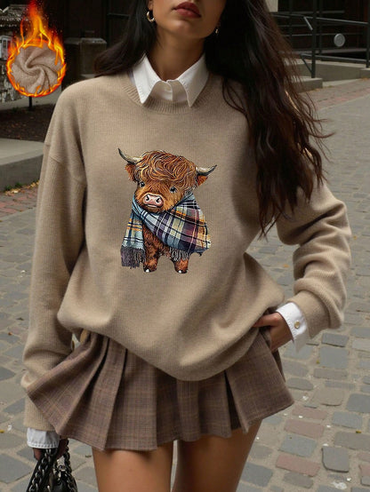 Women's Casual Warm Faux Wool Cow Print Sweatshirt, Warm Pullover, Printed Sweatshirt, Merry Christmas, Christmas Themed Clothing, Christmas Gift, Chinese New Year, Lunar New Year, Year Of The Horse, Spring Festival, Happy New Year, Valentine's Day, Valen