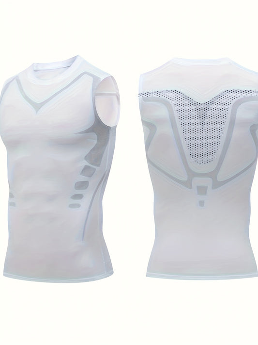 High Stretch Men's Compression Tank Top, Geometric Print Skinny Fit Sports Vest, Moisture Wicking And Quick Dry Active Top For Training, Basketball And Fitness Wear