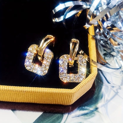 Trendy New Personalized Versatile Square Geometric Earrings with Full Rhinestones