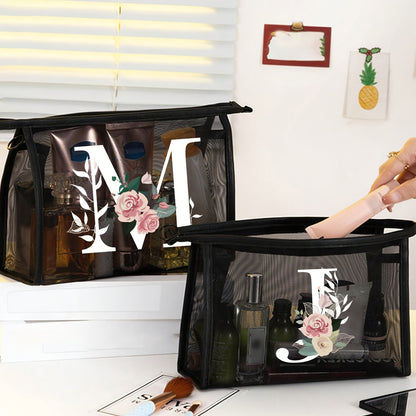 1pc Black Mesh Toiletries Storage Bag | Large Capacity Pink Flowers With White Letters A-Z, Transparent Mesh, Multi-Functional Travel Portable Bag, Lipstick Skin Care Storage, Easy And High-End, Jewelry Storage, Foldable And Lightweight