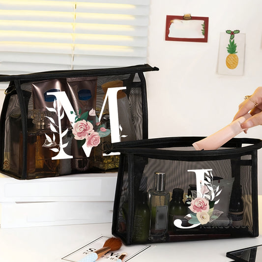 1pc Black Mesh Toiletries Storage Bag | Large Capacity Pink Flowers With White Letters A-Z, Transparent Mesh, Multi-Functional Travel Portable Bag, Lipstick Skin Care Storage, Easy And High-End, Jewelry Storage, Foldable And Lightweight