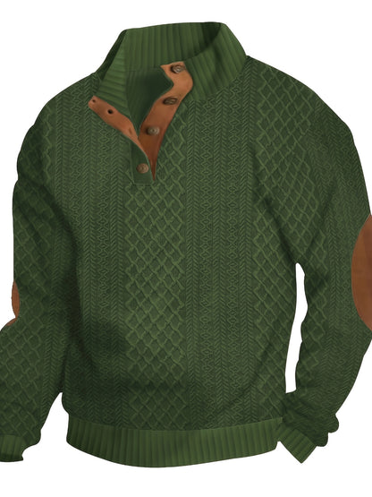 [Casual | Sports] Gray Men's Casual Sports Sweatshirt | Diamond Pattern Knitted Jacquard, Stand Collar, Long Sleeve, Stretch Fabric, Button Detail with Orange Accents