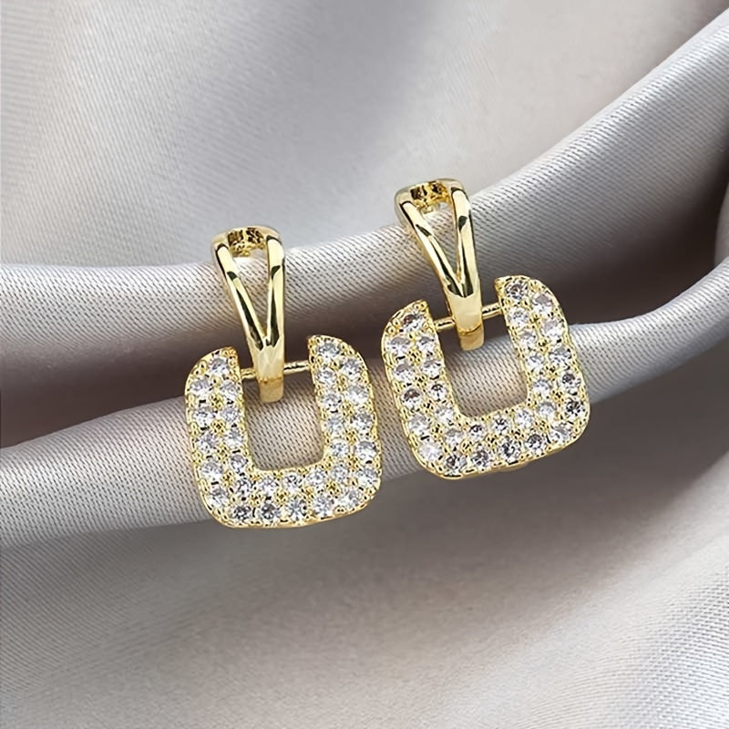 Trendy New Personalized Versatile Square Geometric Earrings with Full Rhinestones