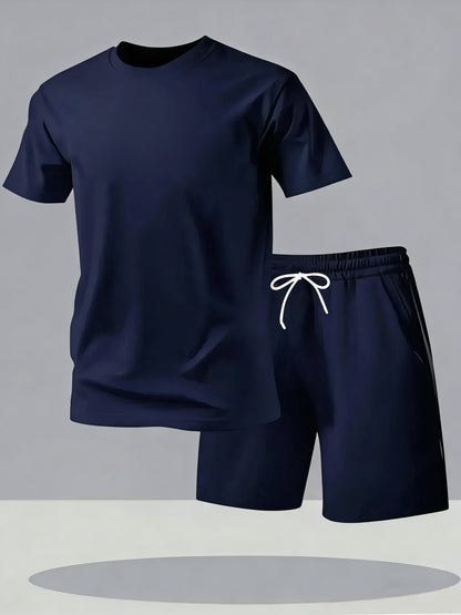 Men's fashion gradient letter print Men's two-piece set: round-neck short-sleeved T-shirt and drawstring shorts summer casual sportswear