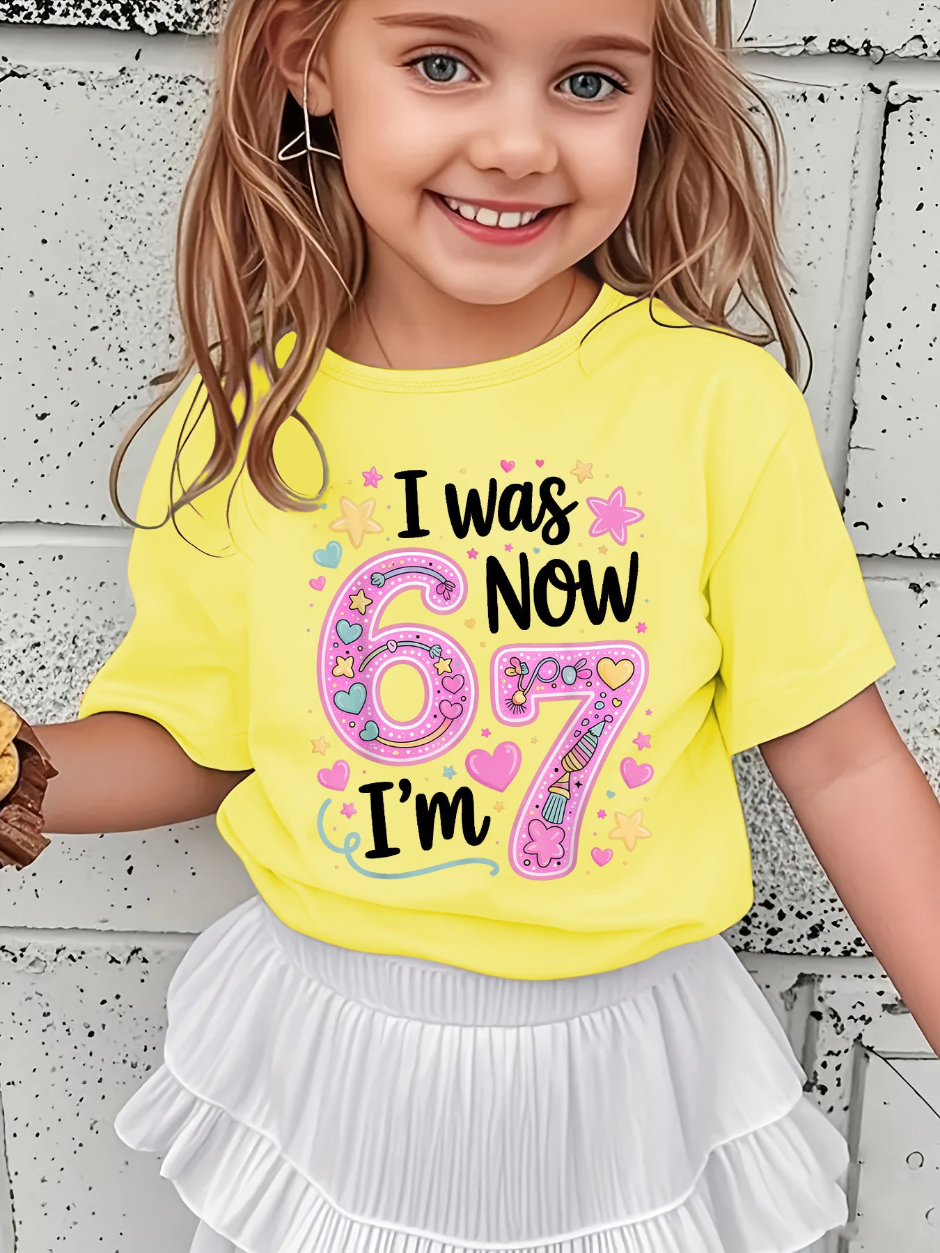 Girls' Summer Short Sleeve T-Shirt with "I WAS NOW" Lettering & Star/Heart Applique - Short Sleeve Round Neck Casual Blouse for, Casual Attire, Playdates & - Non- Summer Top NY-DX7704