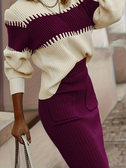 High Neck Pullover Skirt Split Two-Piece Color Block Contrast Thick Long Sleeve Sweater Set, Winter Wardrobe, Elegant Style, Color Block Design, Thick Fabric, Pullover Top, Long Sleeve Skirt, Women'S Fashion, Office Wear