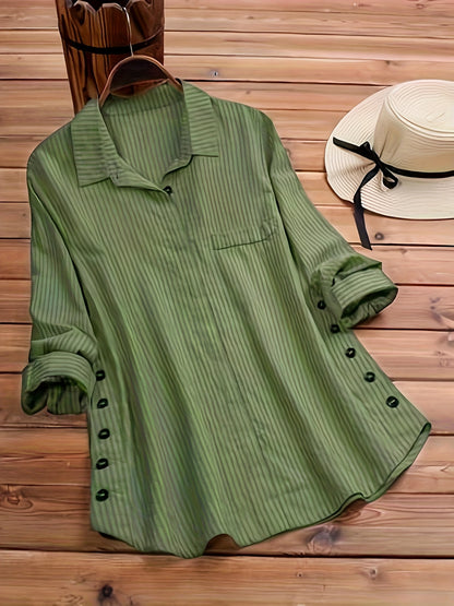Spring,Autumn New Women's Solid Color Striped Button-Up, Faux Pocket Striped Long Sleeve Long Shirt Top