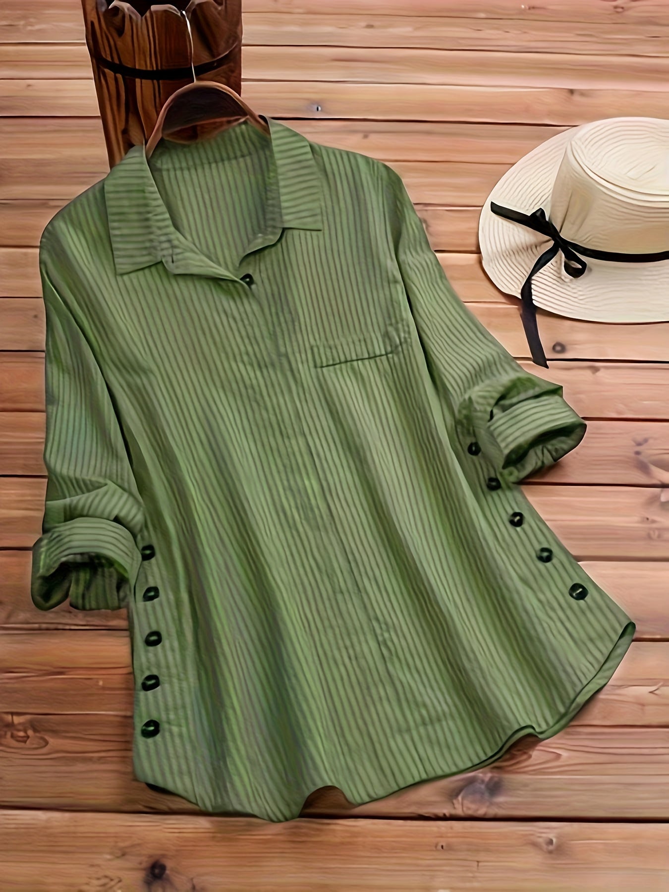 Spring,Autumn New Women's Solid Color Striped Button-Up, Faux Pocket Striped Long Sleeve Long Shirt Top