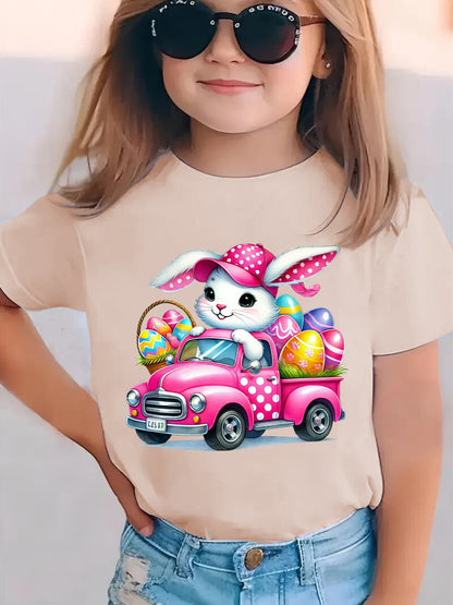 Girls' Easter Bunny Driving with Eggs Short Sleeve T-Shirt - Cute & EASTER Lettering Spring Summer Casual Round Neck Blouse for Easter Egg Hunt Outfits NY-DX5447