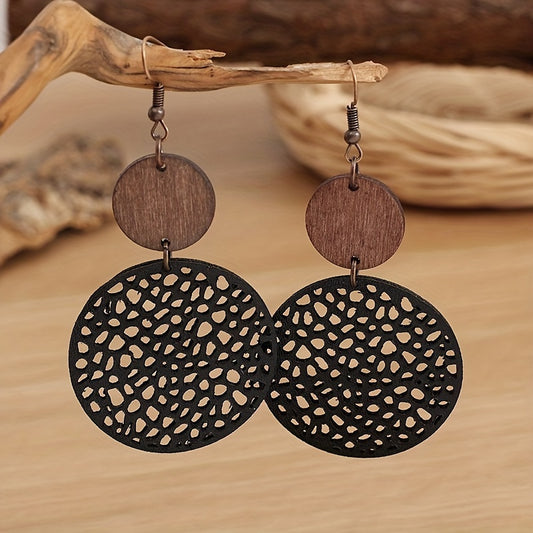 Bohemian Retro Wood Chip Round Hollow Faux Leather Earrings