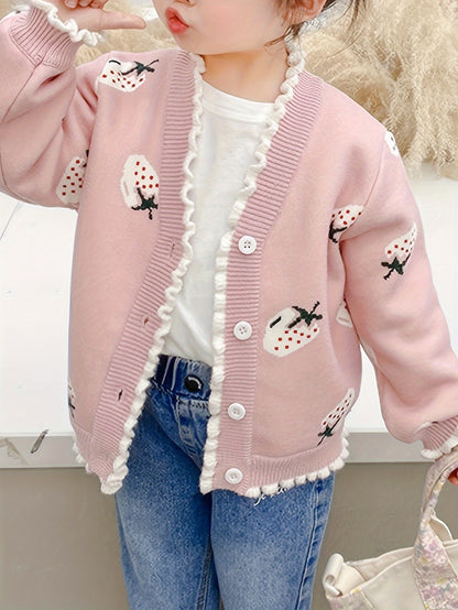 [Girls' Lined Sweater] Girls' Stylish -Lined Sweater, Fashionable Kids' Warm Casual Knit Jacket, 1pc