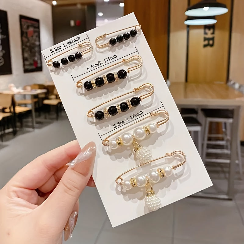 6-Piece Set of Exquisite Elegant Artificial Pearl Brooches - Versatile, Chic, and Timeless Black and White Accessories with Safety Pin Backing for Effortless Styling on Any Outfit, Occasion, or Season