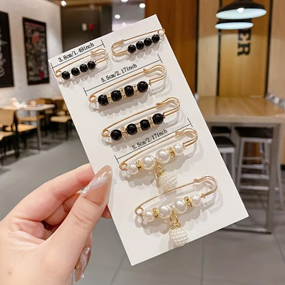 6-Piece Set of Exquisite Elegant Artificial Pearl Brooches - Versatile, Chic, and Timeless Black and White Accessories with Safety Pin Backing for Effortless Styling on Any Outfit, Occasion, or Season