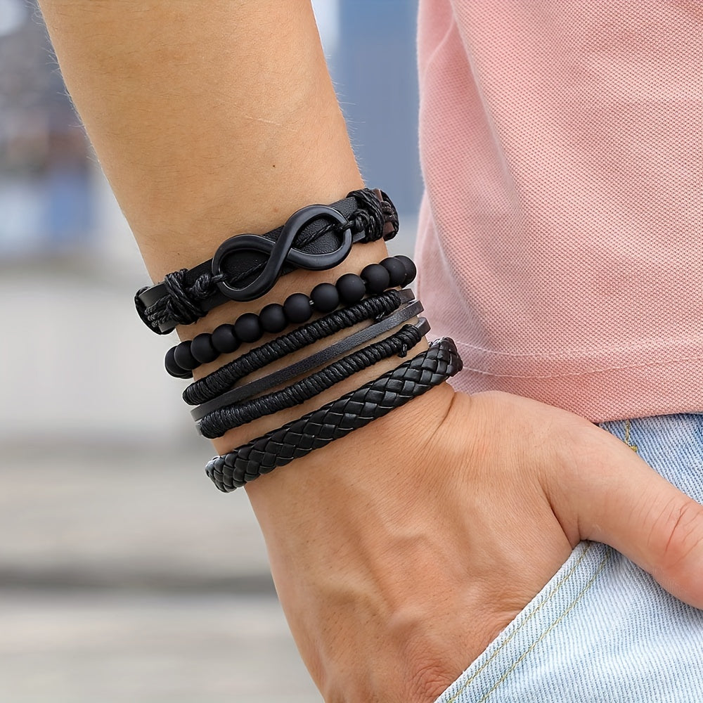 Men's 4pcs Mobius Loop Denim Faux Leather Bracelet Set - Vintage Infinity Bead Multi-Layer Band for Rock & Carnival Fashion, Band, Faux Leather