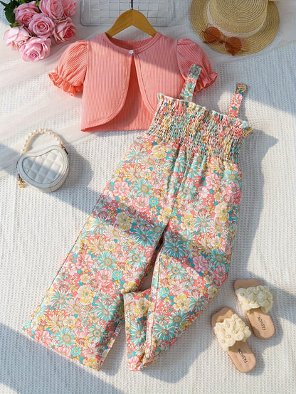 Suit Summer Floral Print Pleated Suspender Jumpsuit Plus Cardigan Jacket Two-Piece Set