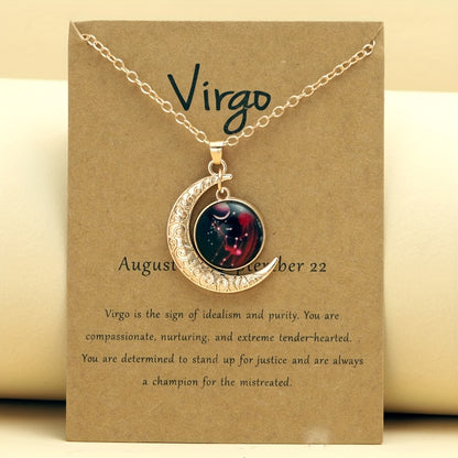 1pc Retro Glow-In-The-Dark Zodiac Moon Pendant Necklace - Vintage Style, Zinc Alloy with Accents, Adjustable Chain for Women - Ideal for Daily Wear & Gifting, Zodiac Jewelry, Gift Jewelry, Vintage Jewelry, Durable Jewelry