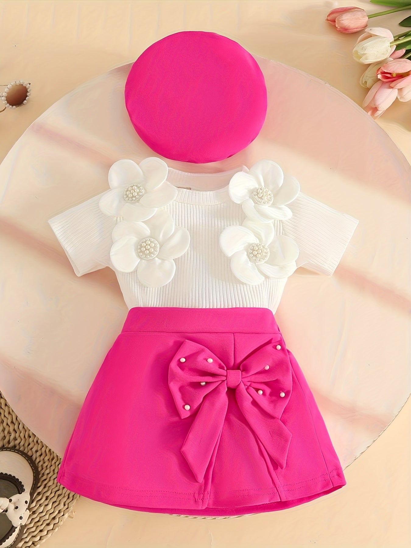 Girl's Sweet and Stylish Appliqué Short-Sleeve Top with Lining, Paired with a Bow Skirt and Beret Hat Set, Suitable for Toddler Girls as Summer Outerwear, Latest Summer Clothing for Baby Girls, Perfect for Outdoor