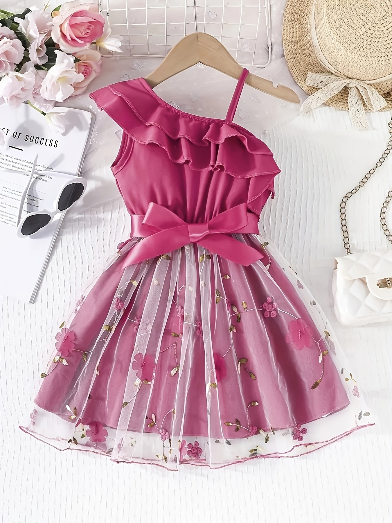 An Elegant Party Outfit Featuring a Ballet Skirt with a Belt, a Floral Embroidered Ruffled Strap Dress, Perfect for Christmas, Valentine'S Day Gifts, Holiday Parties, Gatherings, Evening Events, Weddings, Birthdays, And Everyday Wear