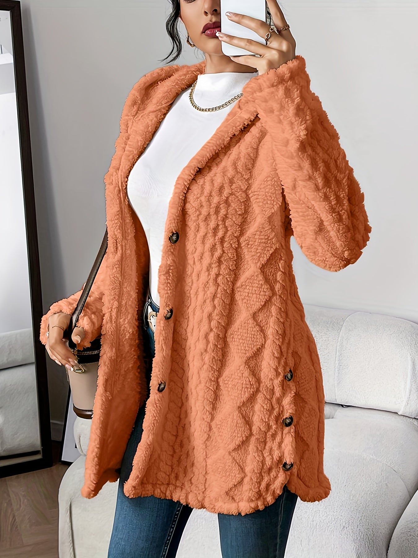Autumn-Winter Warm Fashion Jacquard Plush Hooded Cardigan Coat