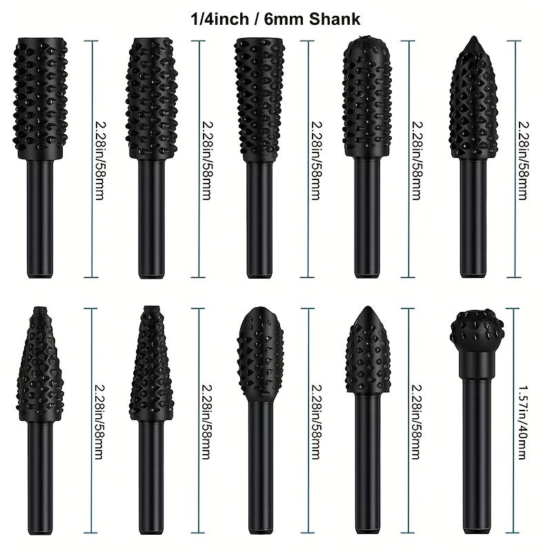 5pcs/10pcs Wood Carving 1/4" 6mm Rotary Rasp Drill Bit Set, Wood File Rasp Drill Bit, DIY Woodworking Rotating Embossed Chisel Shaped Shank Tool Burr Power Tools For Engraving Polishing Grinding