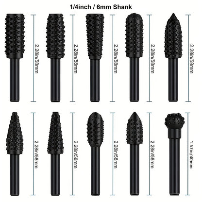 5pcs/10pcs Wood Carving 1/4" 6mm Rotary Rasp Drill Bit Set, Wood File Rasp Drill Bit, DIY Woodworking Rotating Embossed Chisel Shaped Shank Tool Burr Power Tools For Engraving Polishing Grinding