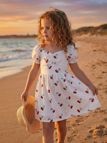 Summer Short-Sleeve Princess Dress for Girls with Lantern Sleeves And Floral Design, Perfect for Parties
