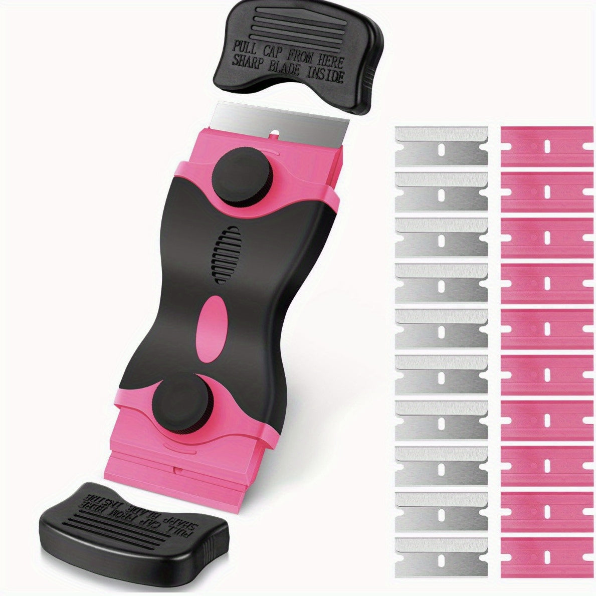 One Set, Adhesive Removal Scraper, Glass Scraper, 1 Pink Double-ended Scraper + 10 Metal Blades + 10 Plastic Blades, Car Film Application Tool, Scraper Tool Comes with 20 Razor Blades, for Windows, Cleaning, Stickers, Tinted Film, Decals