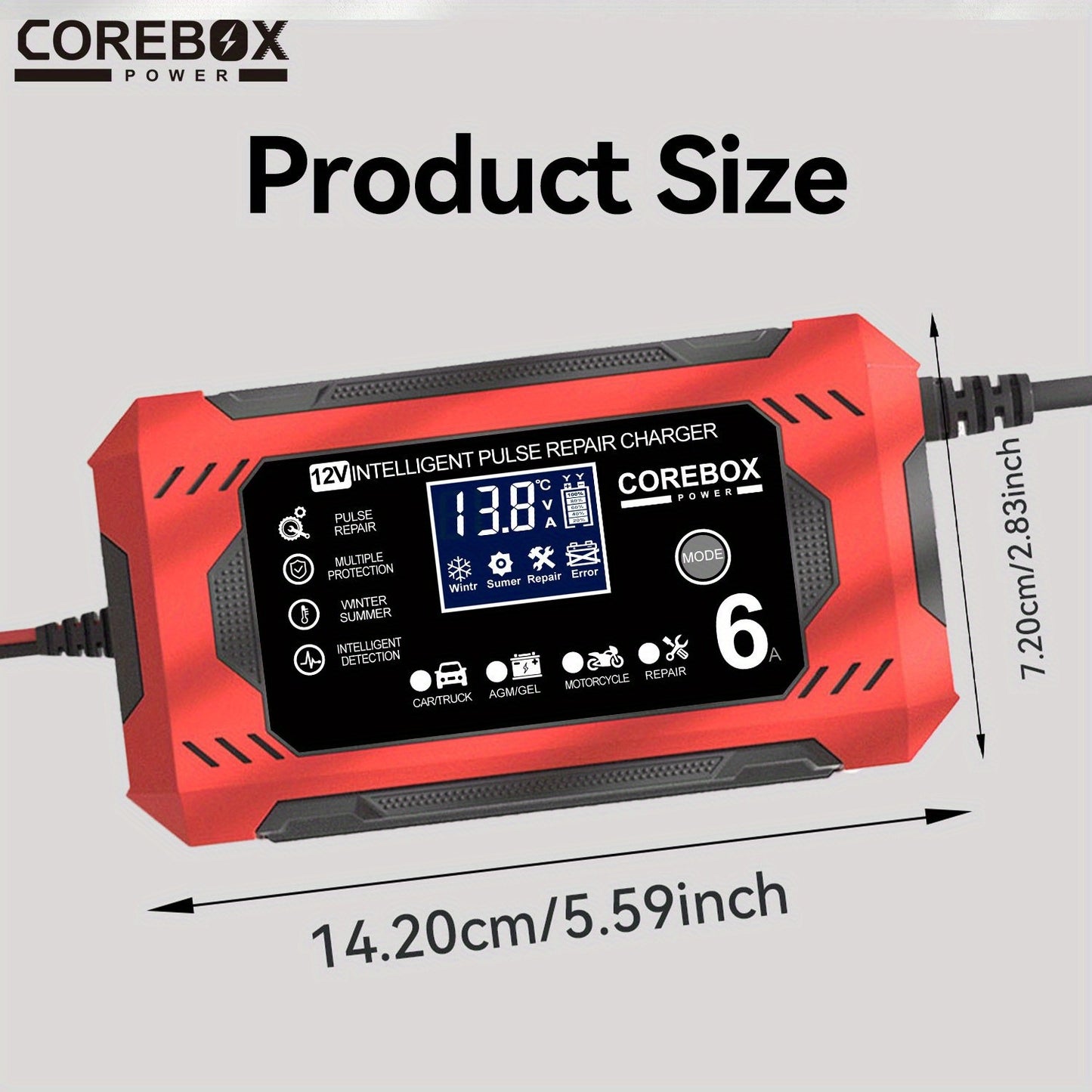 COREBOX 12V 6A Smart Battery Charger And Maintainer with LCD Display | US Plug, 110-130V Power Supply, Suitable for Cars, Trucks, Motorcycles, Lawn Mowers, Marine Lead Acid Batteries, Trickle Charging And Desulfation, Battery Not Included
