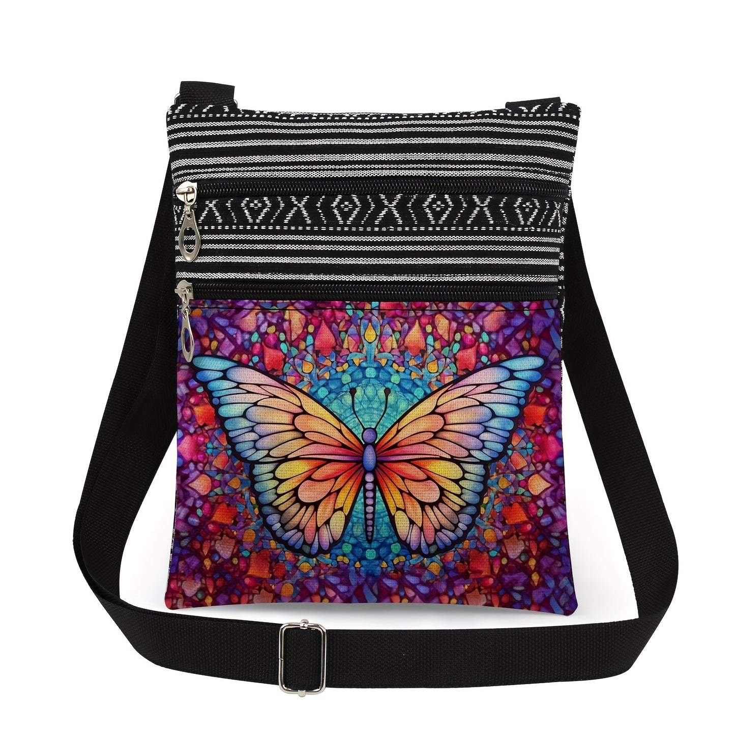 Adjustable Crossbody Bag with Polyester Material, Dual Zipper, Foldable Design, Unlined - Fashion Cartoon-Themed Animal Print with Artistic Glass Butterfly & Tree of Life Patterns for Women