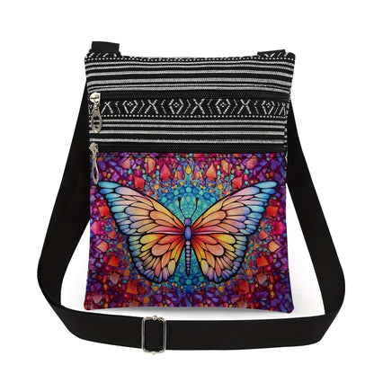 Adjustable Crossbody Bag with Polyester Material, Dual Zipper, Foldable Design, Unlined - Fashion Cartoon-Themed Animal Print with Artistic Glass Butterfly & Tree of Life Patterns for Women