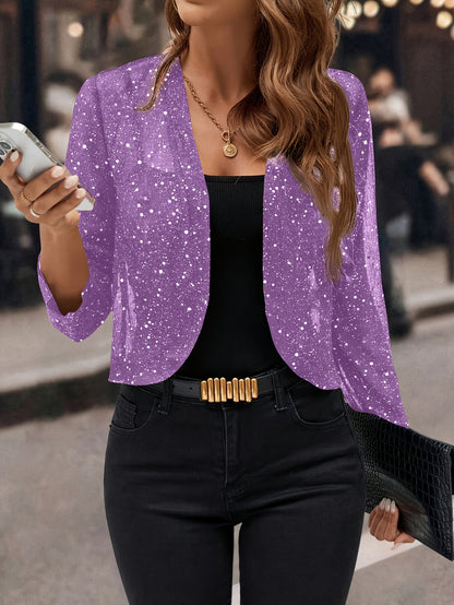 [Glitter Sequin Cardigan] Women's Glitter Sequin Cardigan Jacket, Golden Foil Pleated Fabric 3/4 Sleeve Short Cropped Blazer for Business Casual
