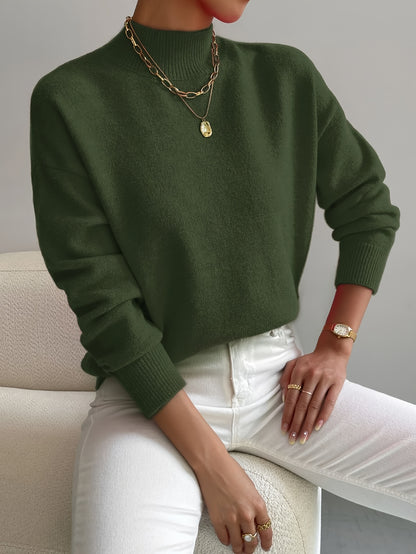 [Solid Color Pullover Sweater] Elegant Mock Neck Long Sleeve Drop Shoulder Women's Solid Color Pullover Sweater