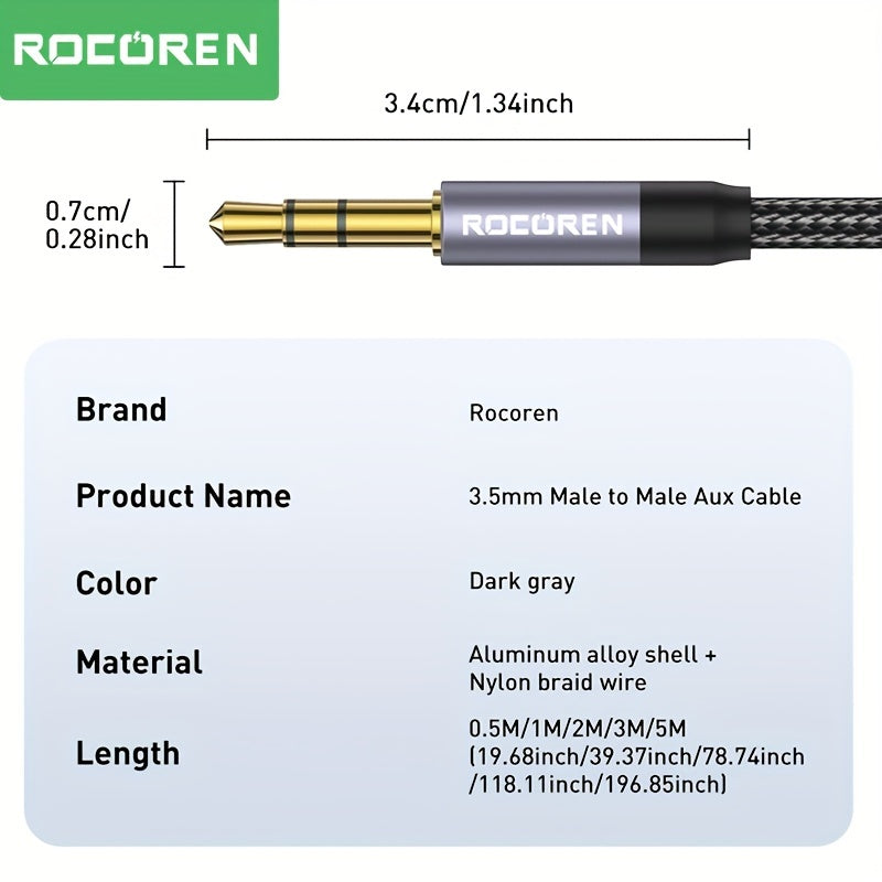 3.5mm Rocoren Nylon Braided Audio Cable - Male to Male Stereo Hi-Fi Sound Aux Cord for Headphones Car Home Stereos Speakers Tablets - Compatible with iPhone/iPad/iPod Echo & More