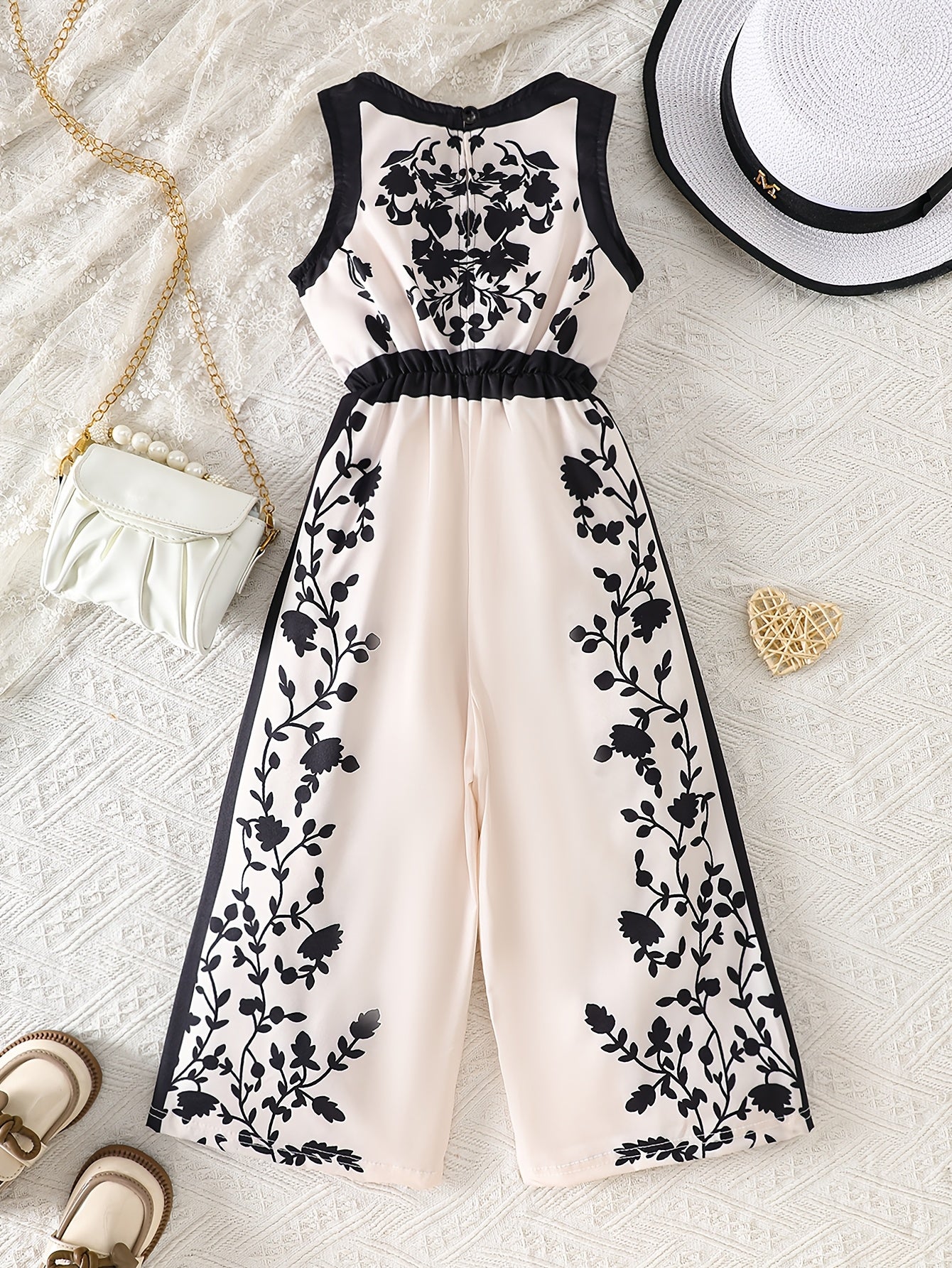 Girls' Summer Casual Fashion Sleeveless Elastic Waist Jumpsuit with Floral Digital Print, Back Button Closure, Wide-Leg Pants for Leisure and Vacation, Gift, Perfect for Outdoor