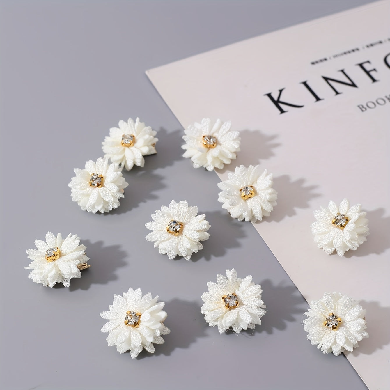10pcs of Women'S Off-White Fabric Small Daisy Hair Clips with White Rhinestones in The, Suitable for Parties, Gatherings, Festivals, And Everyday Wear
