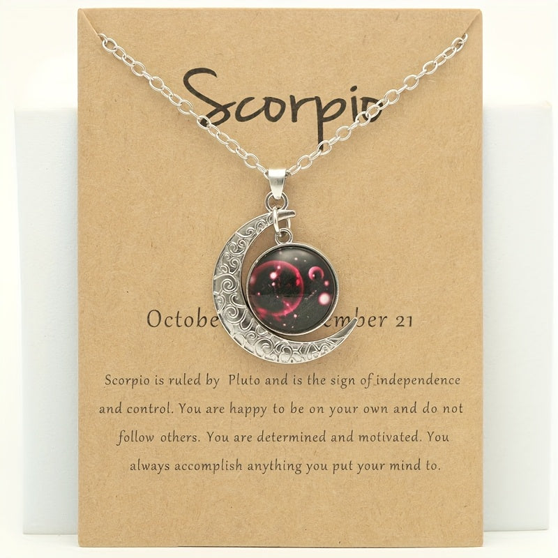 1pc Retro Glow-In-The-Dark Zodiac Moon Pendant Necklace - Vintage Style, Zinc Alloy with Accents, Adjustable Chain for Women - Ideal for Daily Wear & Gifting, Zodiac Jewelry, Gift Jewelry, Vintage Jewelry, Durable Jewelry