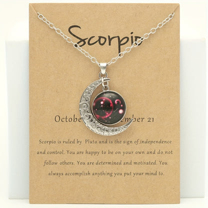 1pc Retro Glow-In-The-Dark Zodiac Moon Pendant Necklace - Vintage Style, Zinc Alloy with Accents, Adjustable Chain for Women - Ideal for Daily Wear & Gifting, Zodiac Jewelry, Gift Jewelry, Vintage Jewelry, Durable Jewelry